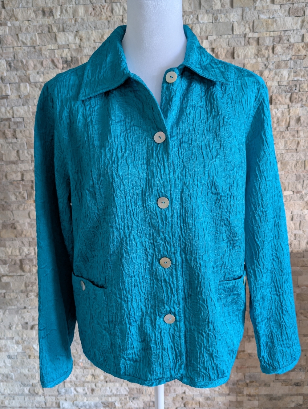 Vintage Turquoise Jacquard Textured Blazer Jacket Petite M Resort Maximalism
